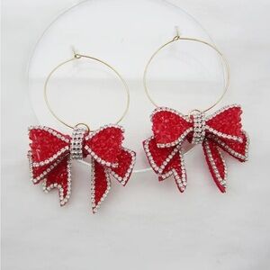 Red and Silver Rhinestone Bow Hoop Earrings